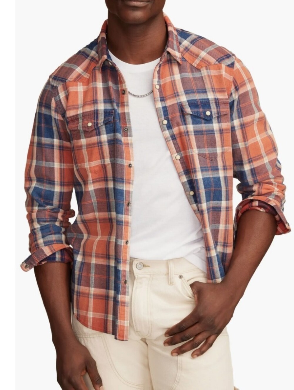NWT Lucky Brand Men's Brick Orange & Indigo Blue Plaid Button-Up Shirt, Size S